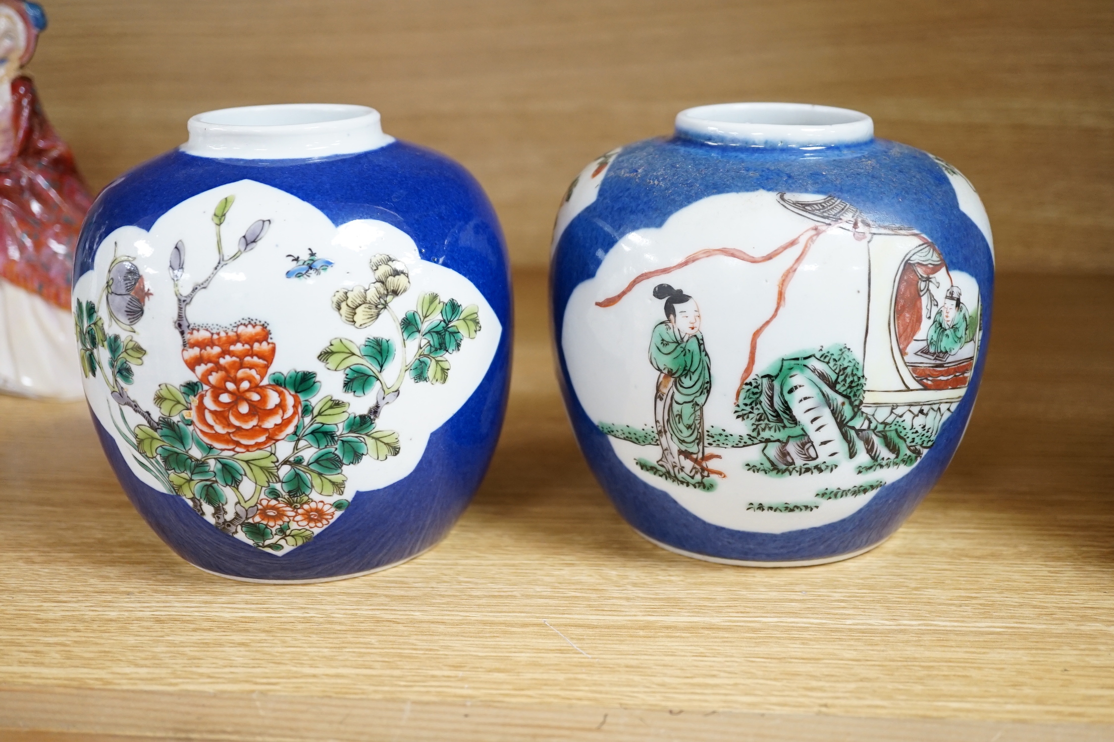 Two Chinese famille verte powder blue jars, early 20th century, 13cm high